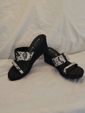 White House Black Market Soft Sole Black & White Snake-Print Wedge Sandals